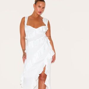 Plus White Satin Frill Layered Maxi Dress